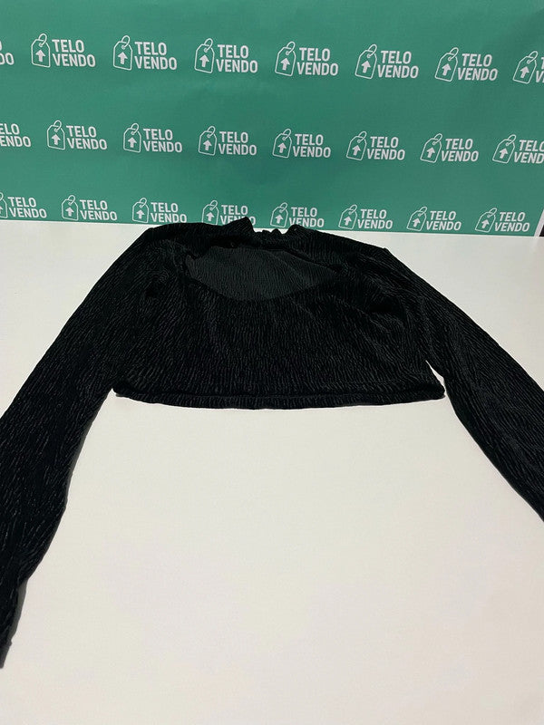 Top donna nero a maniche lunghe - texture plissé