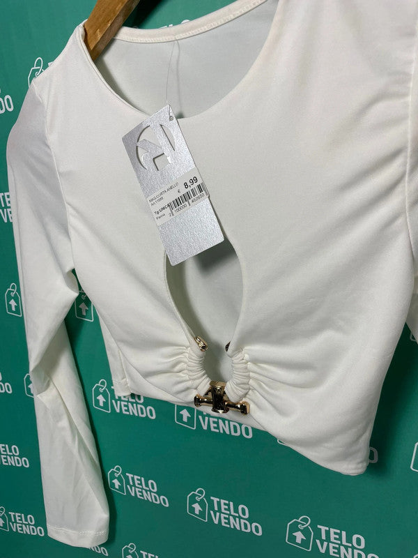 Top bianco a maniche lunghe con cut-out e fibbia – nuovo con etichetta