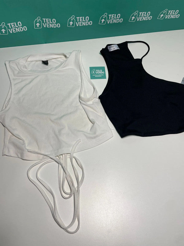 Lotto 2 top crop – bianco con laccetti + nero monospalla