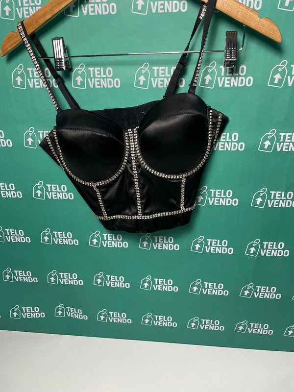 Bustier nero con strass – effetto satin e coppe preformate