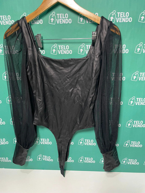 Body nero effetto pelle con maniche in tulle