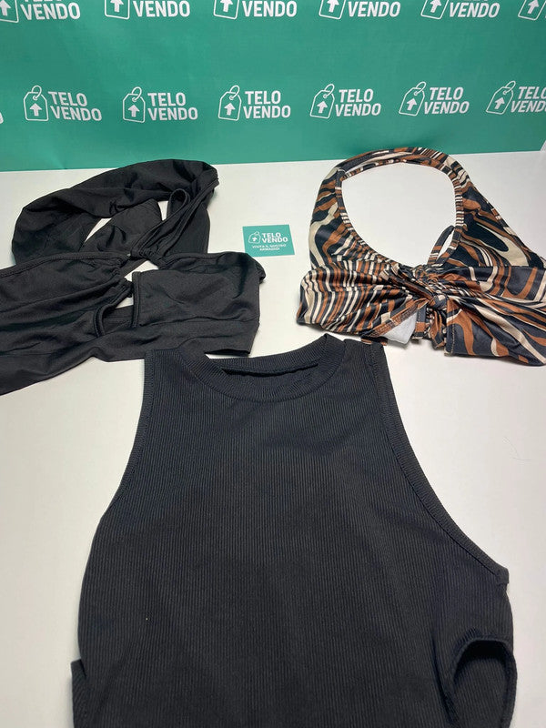 Set 3 top donna – nero a costine, top animalier, fascia nera