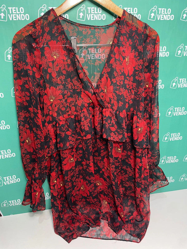 Vestito floreale trasparente nero/rosso – maniche lunghe