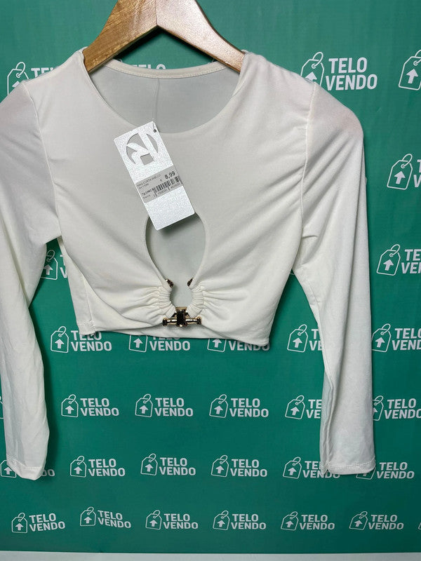 Top bianco a maniche lunghe con cut-out e fibbia – nuovo con etichetta