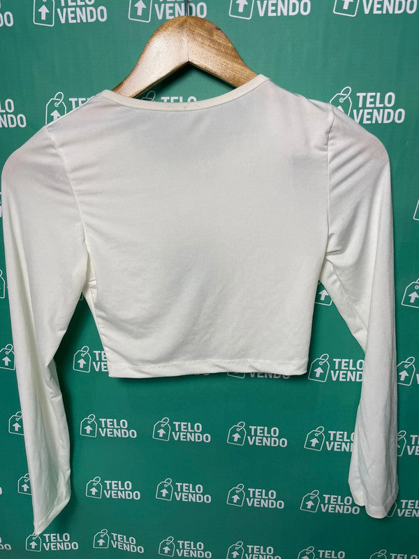 Top bianco a maniche lunghe con cut-out e fibbia – nuovo con etichetta
