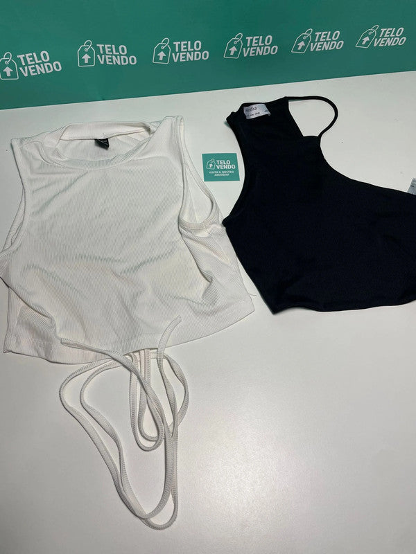 Lotto 2 top crop – bianco con laccetti + nero monospalla