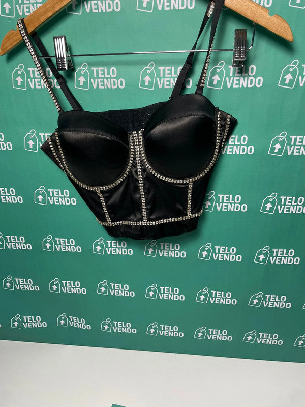Bustier nero con strass – effetto satin e coppe preformate