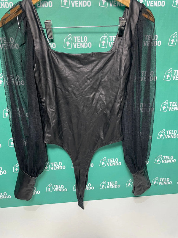 Body nero effetto pelle con maniche in tulle
