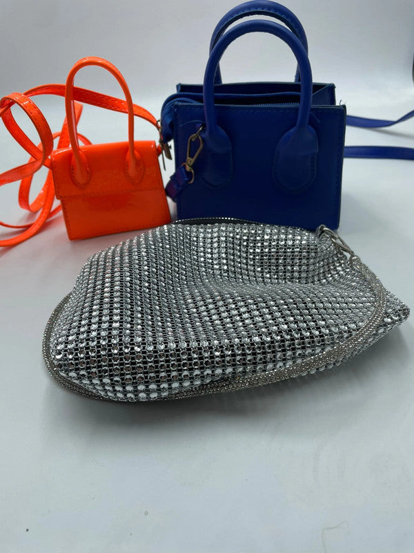 Set 3 mini borse – argento strass + arancio + blu + microbag
