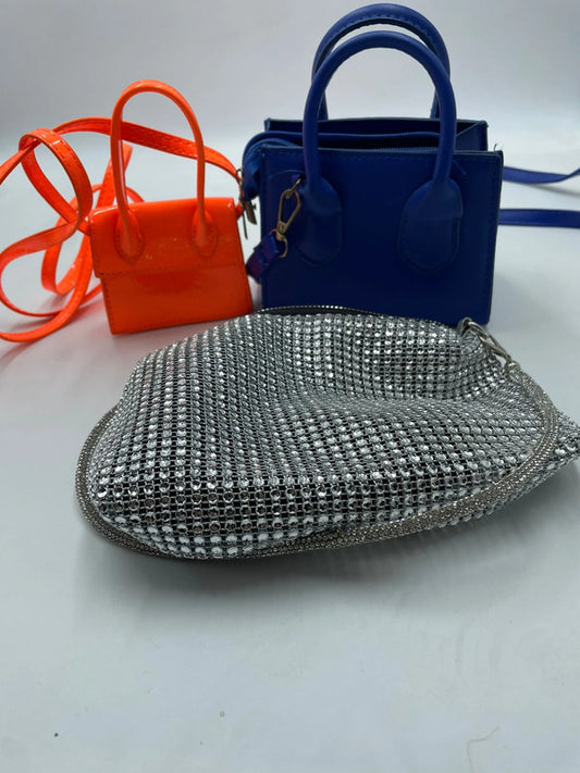 Set 3 mini borse – argento strass + arancio + blu + microbag