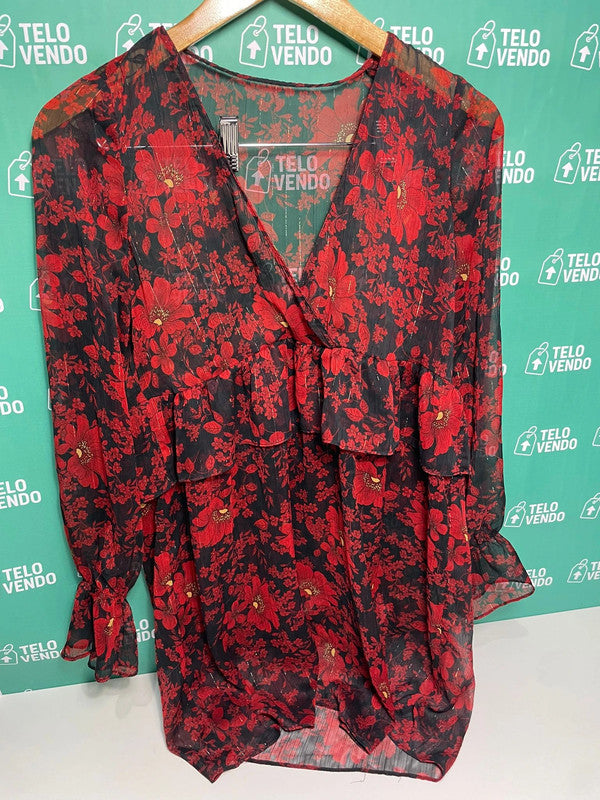 Vestito floreale trasparente nero/rosso – maniche lunghe